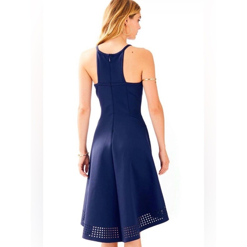 Lilly Pulitzer Aurelia Navy Laser-Cut High-Low Halter midi Dress. Sz S.